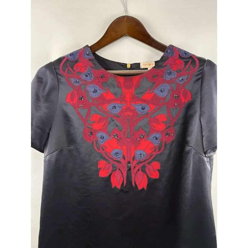 Women’s Tory Burch Size 10 Black Satin Patterned Blouse